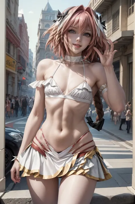 ((masterpiece)), ((best quality)), (detailed), astolfo, Beautiful, Beautifu and slim perfect body, slim body, really female, slim female body, female, very innocent smile, innocent smile, femboy, boy, bright pink hair, spiky hair, short hair, a long braid,...