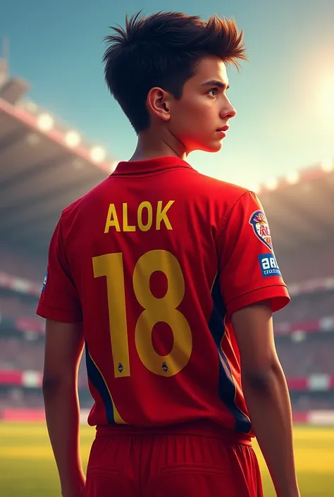 Generate an image
A teen age 16
Wearing a jersey Rcb (ipl team) 
Standing
Back side of the jersey
Jersey number 18
And name Alok 


More better 