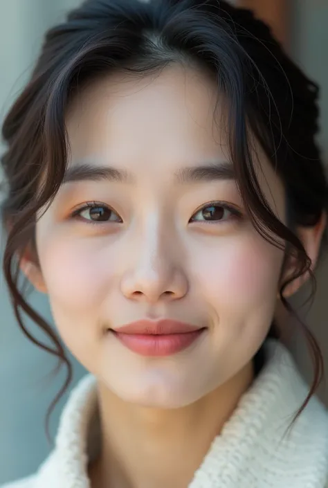 Highly realistic 8k photos, Korean woman, face close up, face, Looking at the camera, A little smile, face으로 서있는, Both ears visible, The front hair is not visible and the entire forehead is visible, With a dummy, Pores are visible, outdoor background, Make...