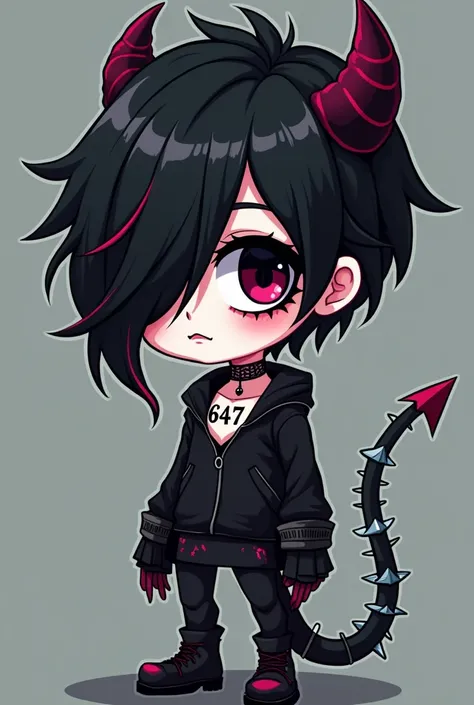 one , messy black hair covering the eyes and with pink highlights, very pale skin with scary black veins all over the body, Neck tatoo "647", eyes black, black gothic clothes but with a little pink. black tail with silver details and blades on the tip. car...