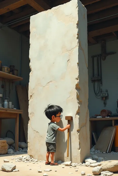 young boy standing with glasses carving a block of marble taller than him with hammer and chisel in a garage