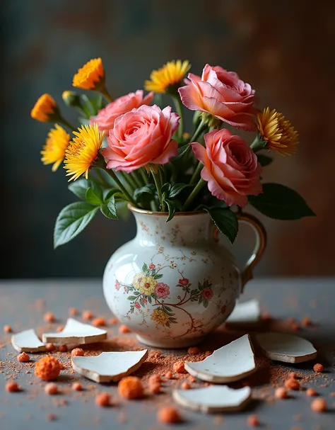 a professional photo of a broken flower vase made from ceramics, flowers plug inside, close up shot, bokeh, Photography, hard lighting, velvet background Blind Box Toy Style, Digital Art, 