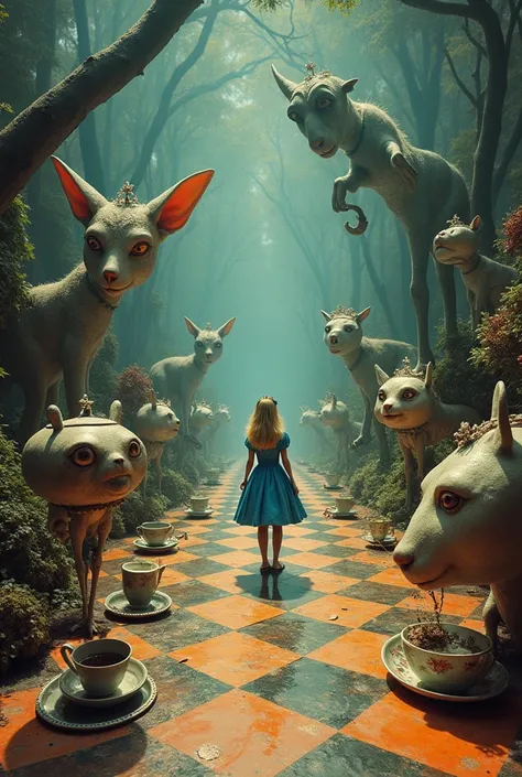 In the middle of the image is Alice(Alice in Wonderland,, wondering), in the world everything is wrong, A Mad Tea-Party, wrong perspective, wrong distance, very out of balance, psychedelic world, time interval is wrong, up-down relationship wrong,The direc...