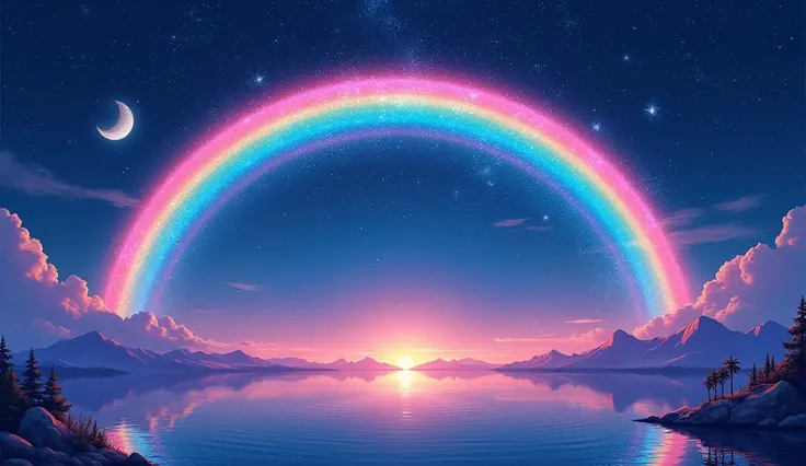 A rainbow in the starry sky、Neon color、L.Streets of A、The towering palace is shining