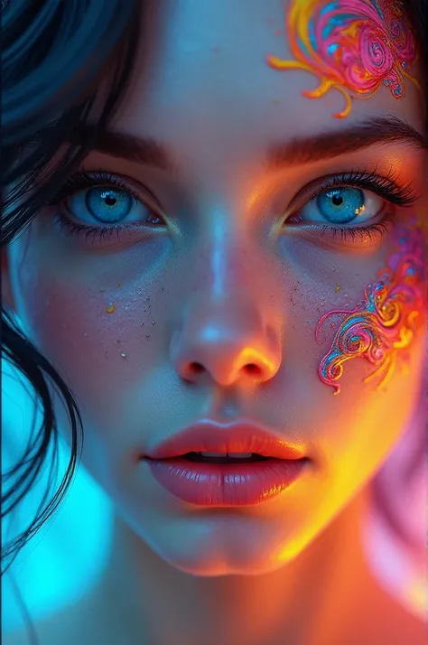 A high-definition, vibrant wallpaper of a woman with blue eyes and colorful paint on her face, surrounded by swirling abstract colors. The style should be hyper-realistic, with intricate details in the eyes and paint, and a soft, glowing background. The ov...