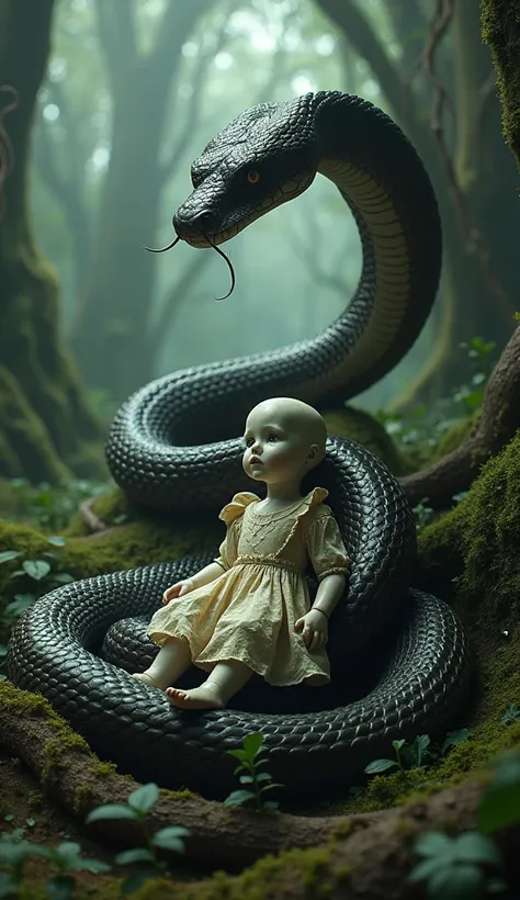 Giant python wrapped around abandoned doll in the forest