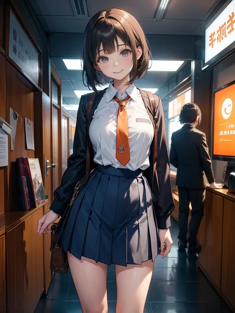 手からエネルギーを放つ一人のDroopy eyesの少女, Chestnut Hair, Bobcut,Half Up Hair,Large Breasts, smile, Droopy eyes, quiet,perspective, height: 165cm,High School Uniform,Navy Blue Blazer,White blouse,Orange ribbon tie,Gray knee-length flared skirt,Anime Style,Knee-length s...