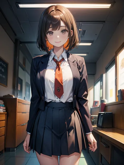 手からエネルギーを放つ一人のDroopy eyesの少女, Chestnut Hair, Bobcut,Half Up Hair,Large Breasts, smile, Droopy eyes, quiet,perspective, height: 165cm,High School Uniform,Navy Blue Blazer,White blouse,Orange ribbon tie,Gray knee-length flared skirt,Anime Style,Knee-length s...