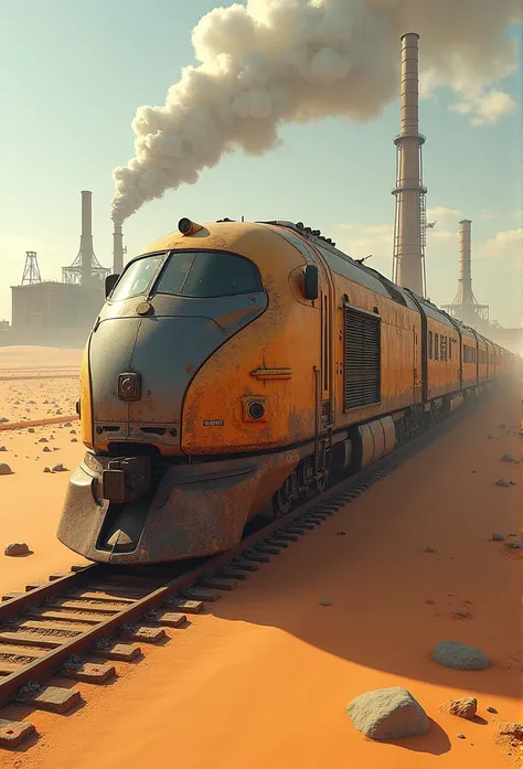 diagonal image of a modern rusty and ultra futuristic double decker and industrial metal train crossing the sahara desert, post-apocalyptic environment, the train passes through a destroyed industrial area with tall metal towers belching smoke 