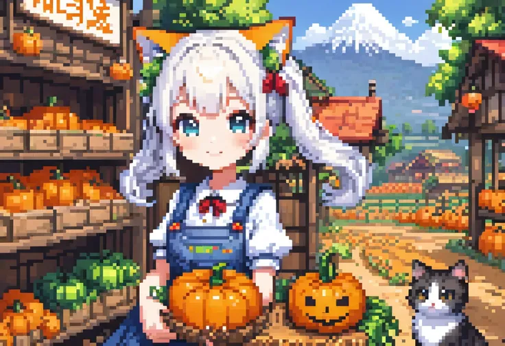 score up_9,score up_8,score up_7,source_game,pixel graphic,masterpiece,best quality,super detailed,super fine illustration,8k,white twintail,girl,Cat ear,Farmer,holding pumpkin,smile,Game screen,message window,pop up text,