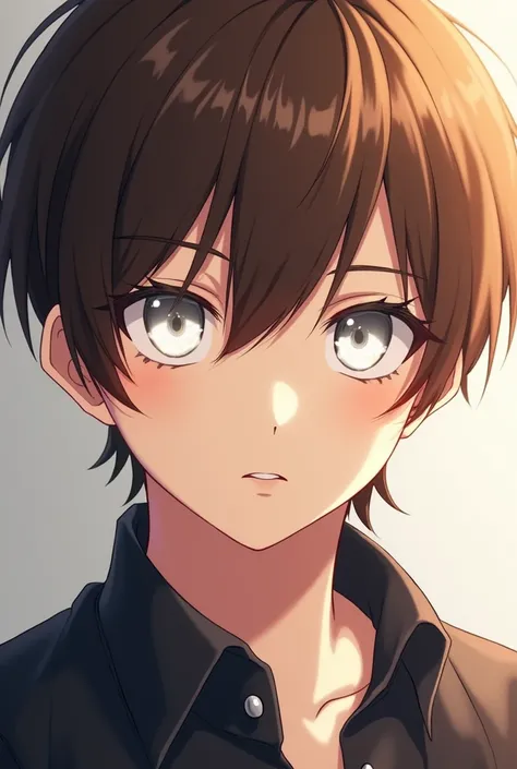 brown haired anime teenage boy with white eyes without blushing 
