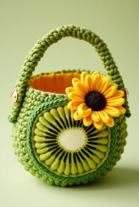 A cute, mini amigurumi-style bag inspired by kiwi fruit and sunflowers. The bag features a round, kiwi-slice design with a textured green exterior that resembles the kiwis skin and a bright yellow interior representing the sunflowers petals. The front of t...