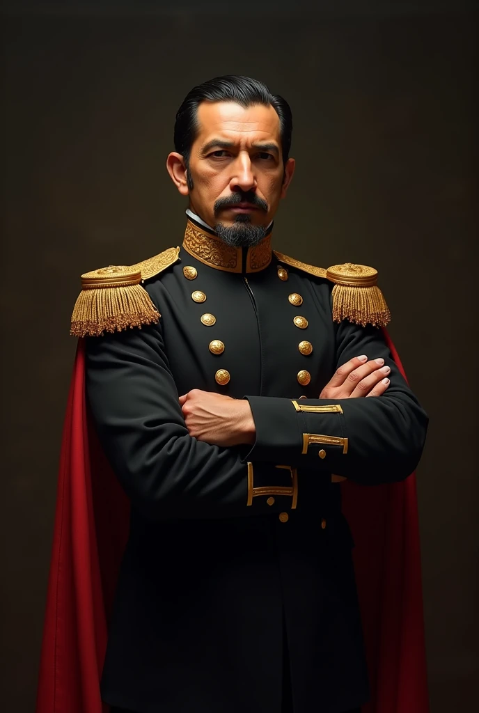 painting of Simon Bolivar Formal black military uniform from the time of Venezuela&#39;s independence, jacket:
cut: The jacket has a classic military cut of the time., with an elegant and formal style. It is fitted to the body, with a length that reaches t...