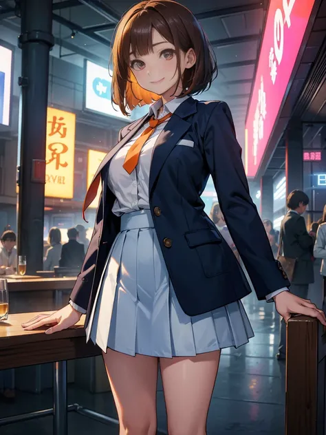 A droopy-eyed girl emitting energy from her hands, Chestnut Hair, Bobcut,Half Up Hair,Large Breasts, smile, Droopy eyes, quiet,perspective, height: 165cm,High School Uniform,Navy Blue Blazer,White blouse,Orange ribbon tie,Gray knee-length flared skirt,Anim...