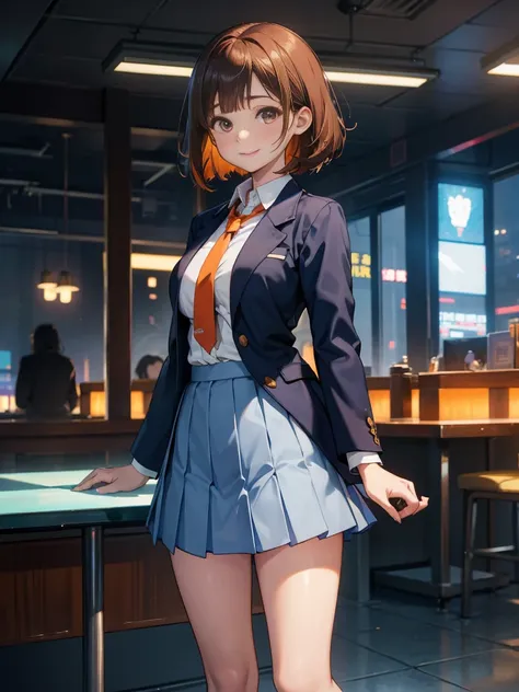 A droopy-eyed girl emitting energy from her hands, Chestnut Hair, Bobcut,Half Up Hair,Large Breasts, smile, Droopy eyes, quiet,perspective, height: 165cm,High School Uniform,Navy Blue Blazer,White blouse,Orange ribbon tie,Gray knee-length flared skirt,Anim...