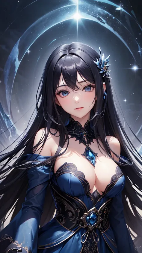 "Create a digital anime style illustration of a beautiful goddess of the night。, length, Lightly wavy black hair. She is wearing a dark blue dress decorated with small jewels...., Perfect for a fantasy theme. The dress has a beautiful, flowing design.、Perf...