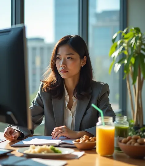 Ulaanbaatar Mongolia at background view, Asian woman, Losing weight, at office, eating keto food, delivery food, mongolia, woman wearing office casual wear, and looks very busy, almonds and detox juice on the table