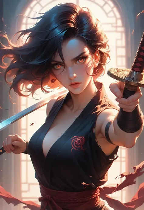 a ninja woman,beautiful detailed eyes,beautiful detailed face,beautiful detailed lips,extremely detailed eyes and face,longeyelashes,detailed clothing,dramatic pose,holding sword,ready to fight,damaged clothing,random nudity,photo-realistic,highly detailed...