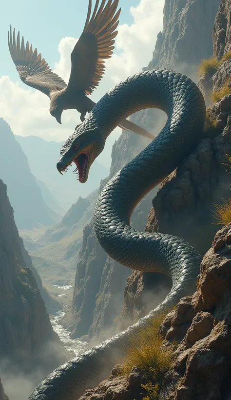 giant python and giant bird fight on a mountain full of ravines