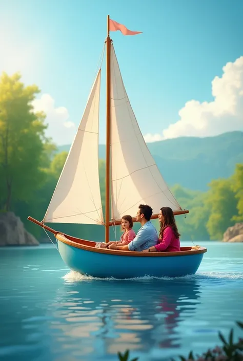 Advertising photo from the side, depicts a blue sailboat with a happy family sailing in a beautiful river landscape,
