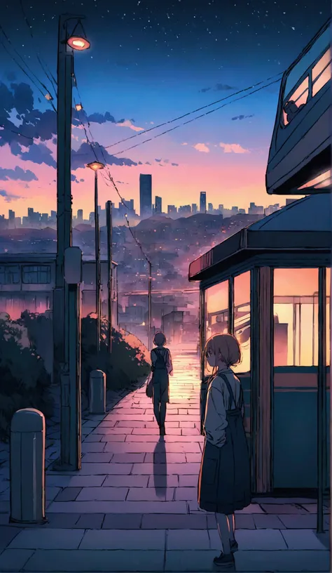 Create an anime-style image with picture clarity of a cityscape at twilight with a bus arriving at a bus stop. The scene features a deep blue sky transitioning to a colorful sunset with stars starting to appear. The city skyline is visible in the backgroun...