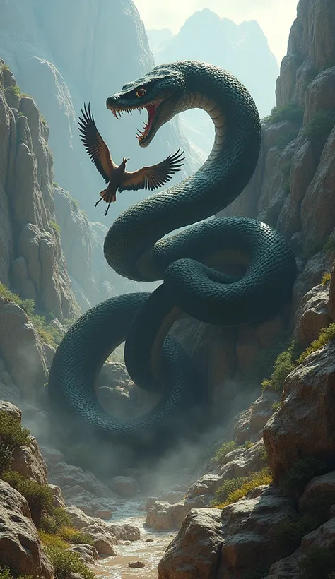 Giant python wrapped around a bird on a mountain full of ravines