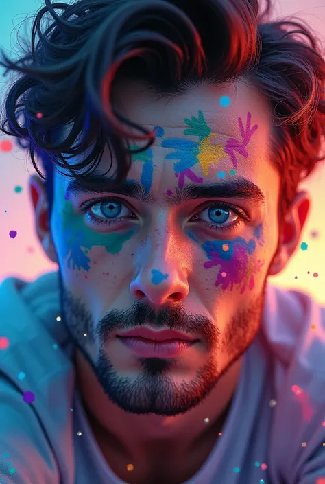 A high-definition, vibrant wallpaper of a male with blue eyes and colorful paint on her face, surrounded by swirling abstract colors. The style should be hyper-realistic, with intricate details in the eyes and paint, and a soft, glowing background. The ove...