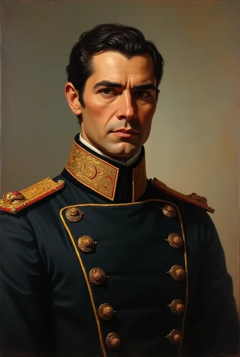 Painting of Simon Bolivar with bright eyes and formal black military uniform from the time of Venezuela&#39;s independence