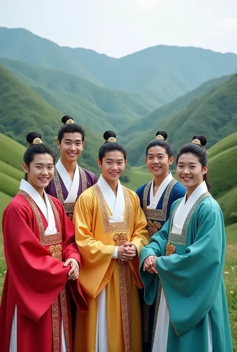 Group of 5 young and very handsome south korean men smiling happily in beautiful royalty traditional dress working in hills places in HD