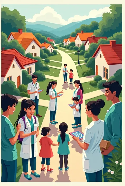 Create an poster making with a concept of student nurses doing community health visiting families from house to house and promoting health to the community