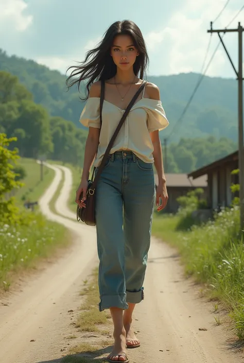 A relestic girl walking on the road 