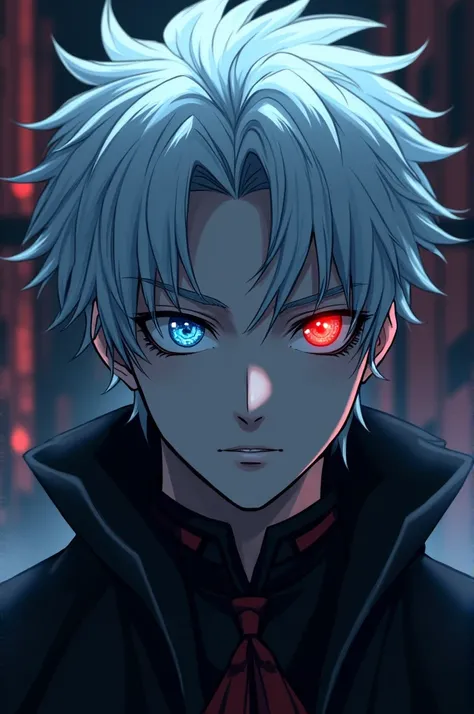 Handsome and charming man, has a cold and evil look, he looks at people like they are trash, he is 20 years old. White hair, has one strong blue eye and the other light red.  アニメ 