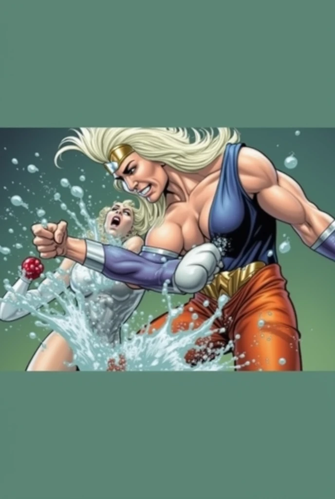 (sweaty)(muscular)A comic panel of a very sweaty Wonder Woman getting punched in the gut by a female kickboxer. Shes vomiting and coughing heavily, she spits out lot of visible saliva, water, sweat repeatedly. Lot and Lot of water, saliva, sweat continousl...