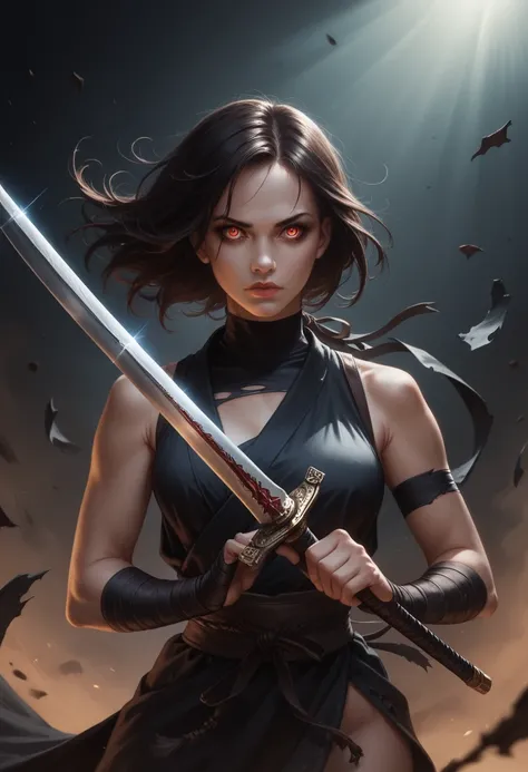 a ninja woman,beautiful detailed eyes,beautiful detailed face,beautiful detailed lips,extremely detailed eyes and face,longeyelashes,detailed clothing,dramatic pose,holding sword,ready to fight,damaged clothing,random nudity,photo-realistic,highly detailed...