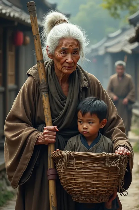 Ancient times，A white-haired old woman，Hands holding bamboo pole，Carrying a basket，Supporting his young son，Go out to beg，There is a sense of vicissitudes，HD。