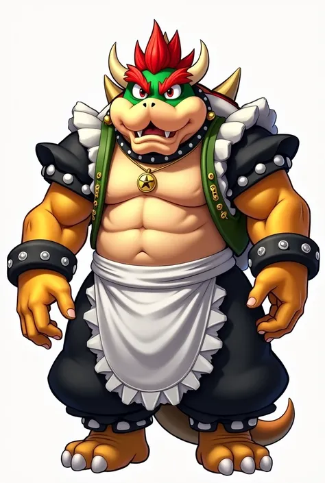 King Bowser with a 17th century aristocratic white wig, with a black and white maid outfit, Muscular and very strong, muscles on display, anime style art, White background