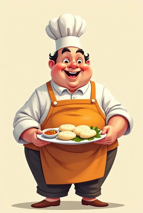 Indian Traditional good looking fat chef cartoon smile with idly plate with chetni 
