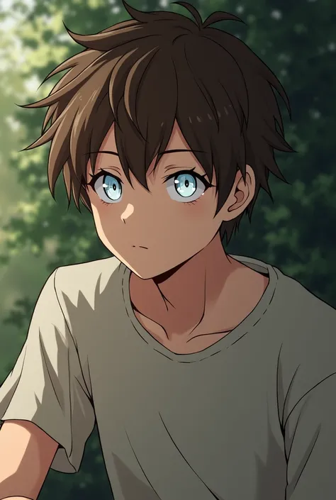 anime brown haired, white eyes, teenage boy sitting 