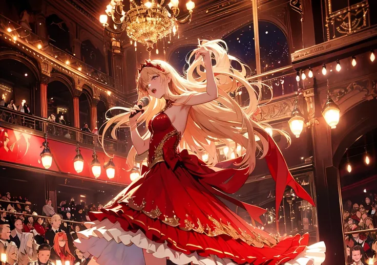 A scene of a beautiful girl singing gracefully on the glamorous stage of the Moulin Rouge. She is wearing a bright red silk dress and performing a nighttime serenade. In the background, soft lighting with a fantastical atmosphere and glittering chandeliers...