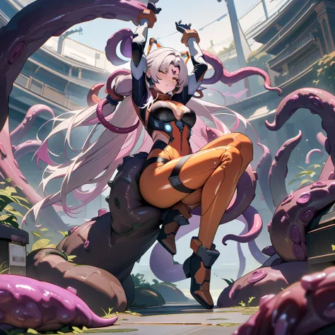 (masterpiece, best quality:1.5), (ultra detailed, high resolution, 8k, beautiful detailed, uhd, best anatomy), 1 cute girl, white hair, medium(((Full body high-tech suit with tentacles))) Steamy Space: Tentacle-only Sex Secretary　Exclusive　Exclusive contra...