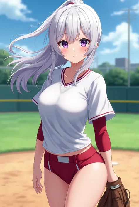 white hair 、Purple Eyes、girl、High school student、baseball player、White short-sleeved top、Red three-quarter sleeve underwear、single ponytail