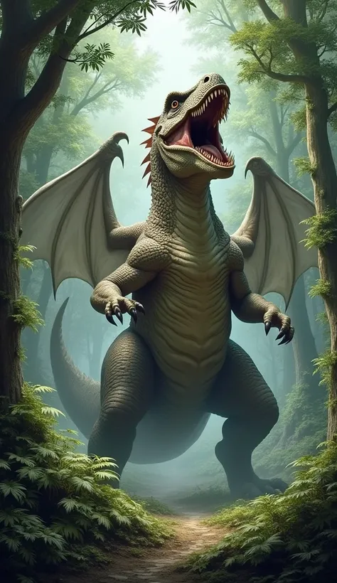 Create a similar animal in a forest by combining half the body of a dragon and half the body of a dinasaur and they will be very angry with their mouth wide open.