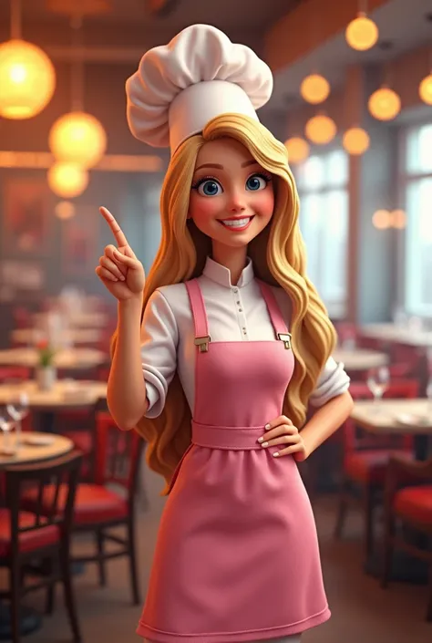 long haired american young woman, blonde hair, Pink and white chef costume, Chef hat, bright smile, A confident look, One hand is on his waist and the other hand holds out one index finger.. The background is the bright lights of a fancy restaurant.. sd ch...