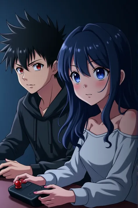 Anime boy ((( Spiky hair , black hair , black hoodie , red eyes , calm , narrowed eye , handsome , using joy stick ))) , Anime girl ((( blue eyes , fierce eye , fierce face reaction , serious look , dark blue hair , long wavy hair , white open shoulder t-s...