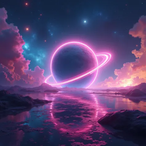 a wide-angle shot of a neon planet with rings, set against a backdrop of stars and nebulae, creating a stunning futuristic space vista