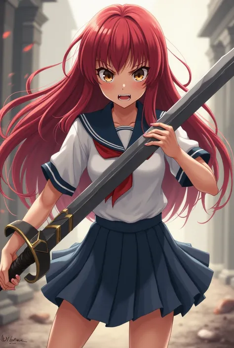 anime character with long red hair, wearing a school uniform, fair skin, light pink nails, brown eyes, 20 years, angry face, holding a mediaval greatsword, full body legs visible