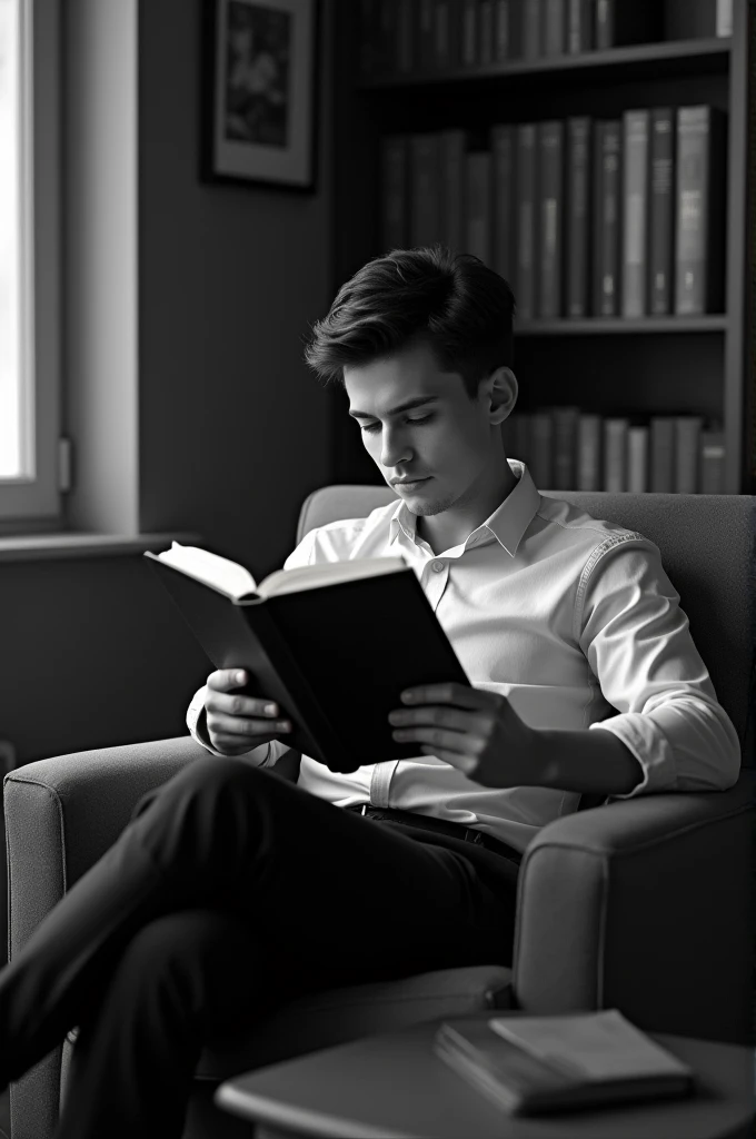 "A handsome young man, 2, is reading a book. The young man looks very smart and is in his own bedroom, sitting on a chair. There is a table in front of him, and there are many books in a cabinet, but the cabinet is blurred. The background of the room is bl...