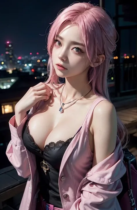 Cool women、sexy、Center of chest、Rize from Chainsaw Man、beauty、Yandere、、Face close-up、Chest tattoo、suit、necklace、(look up)、(Pink Hair)、).((Save face image))、((City of night)).