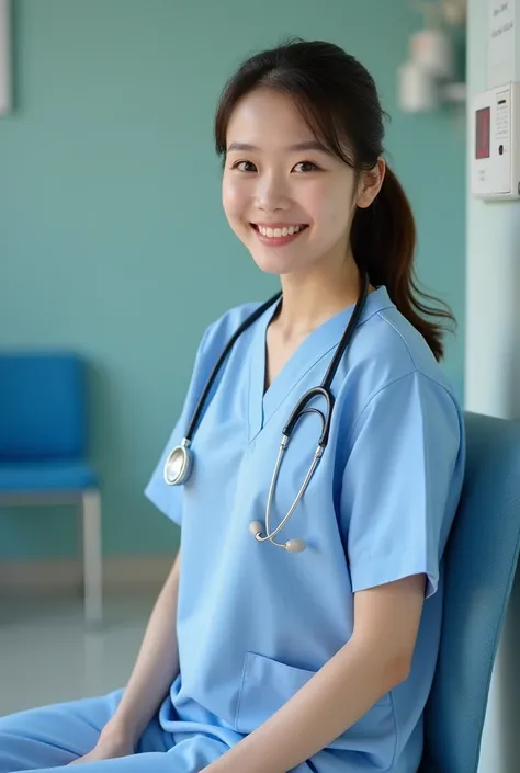 Chinese woman,((20 years old)), nurse, pretty face, white skin, nurse outfit, stethoscope, big hips, gentle smile, cute face, hospital, sitting on chair.
INFORMATION