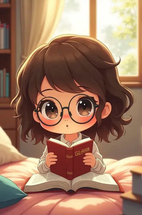 chibi girl clara, clara is a  who wearing glasses, wavy hair and kinda tan skin she likes to reading